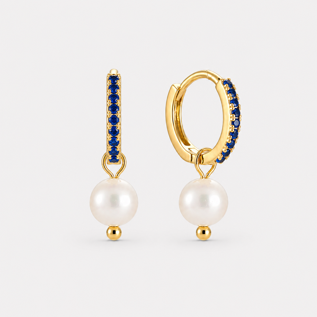 Cercei BLUE PEARL HOOPS placați cu aur de 18K