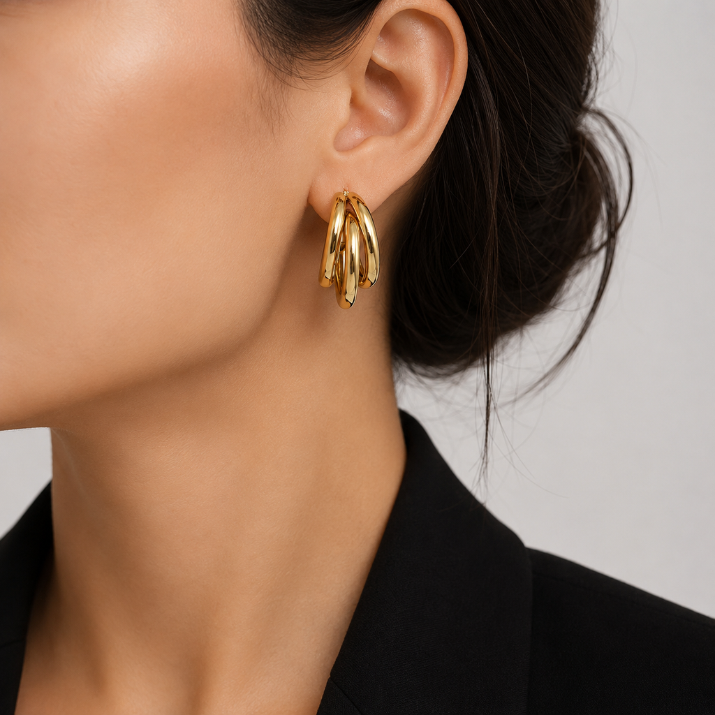 Cercei TRIPLE GOLDEN HOOPS placați cu aur de 18K