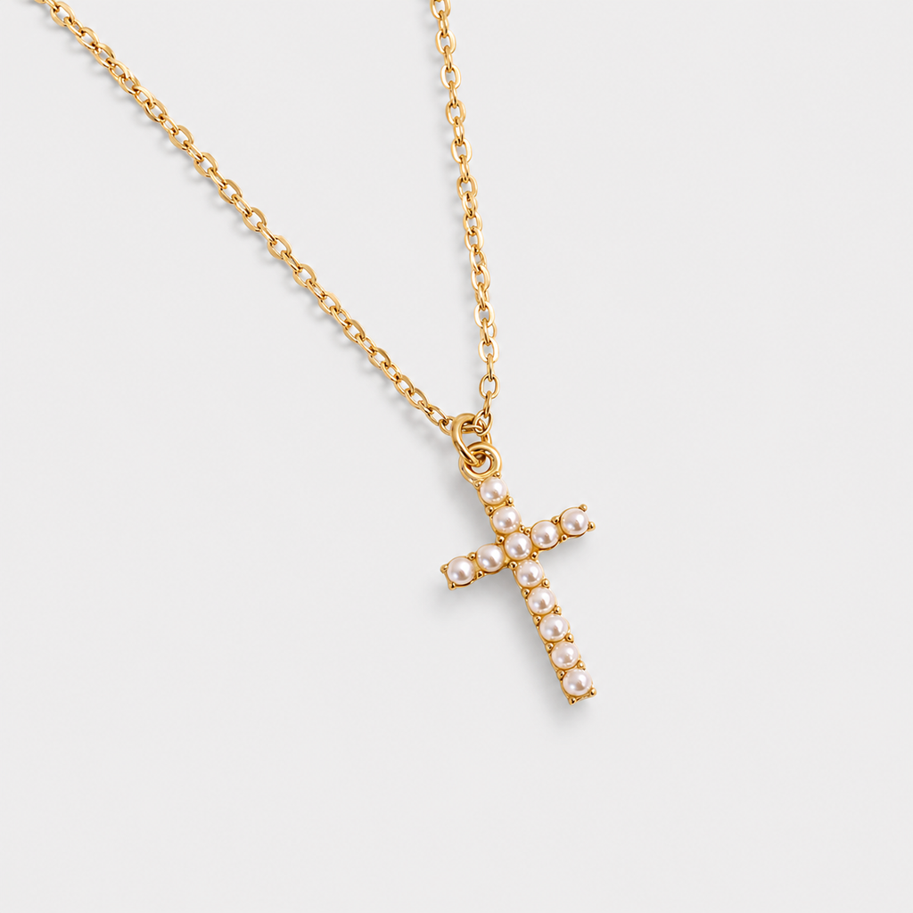 Colier Pearl Cross cu cruce și perle, placat cu aur de 18K