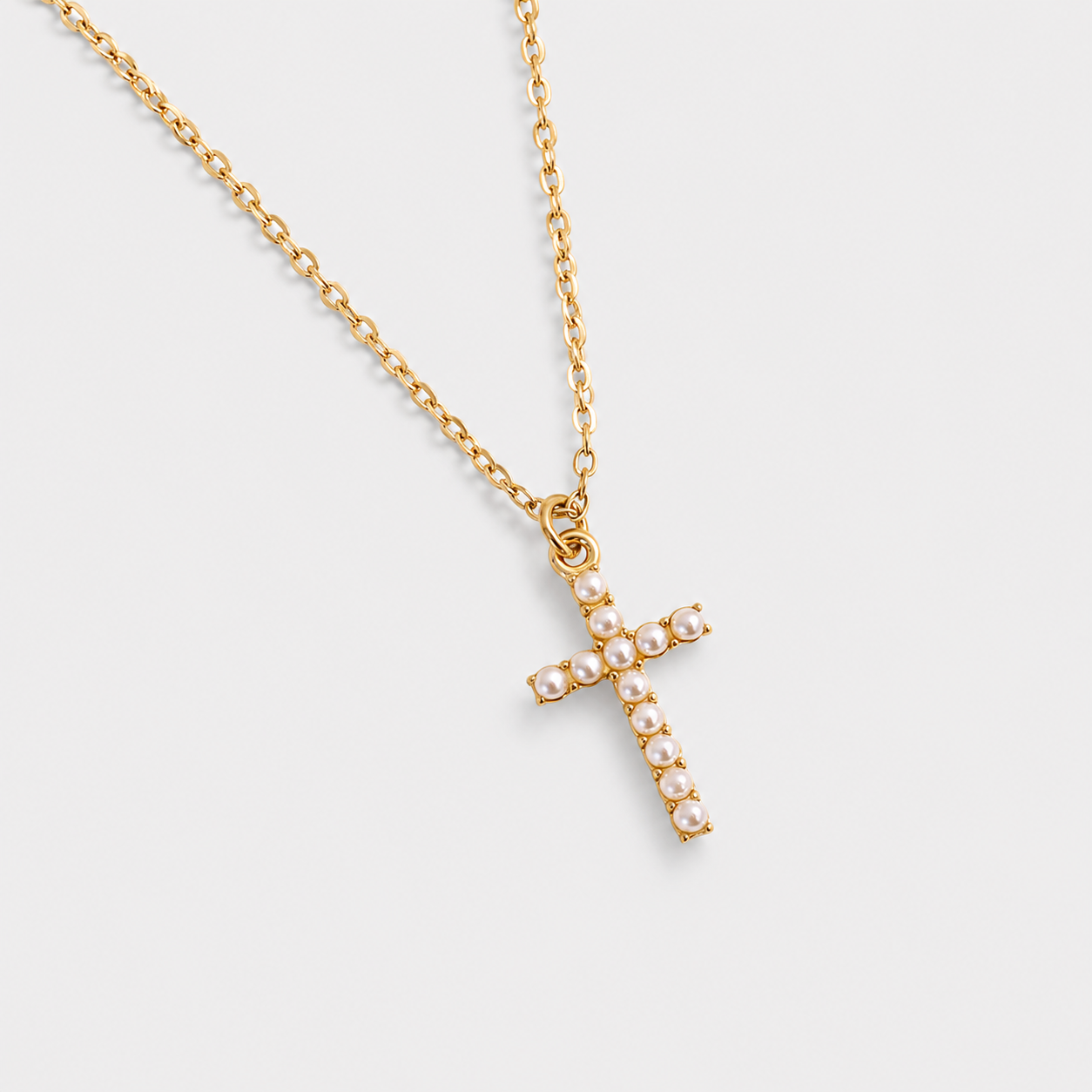 Colier Pearl Cross cu cruce și perle, placat cu aur de 18K