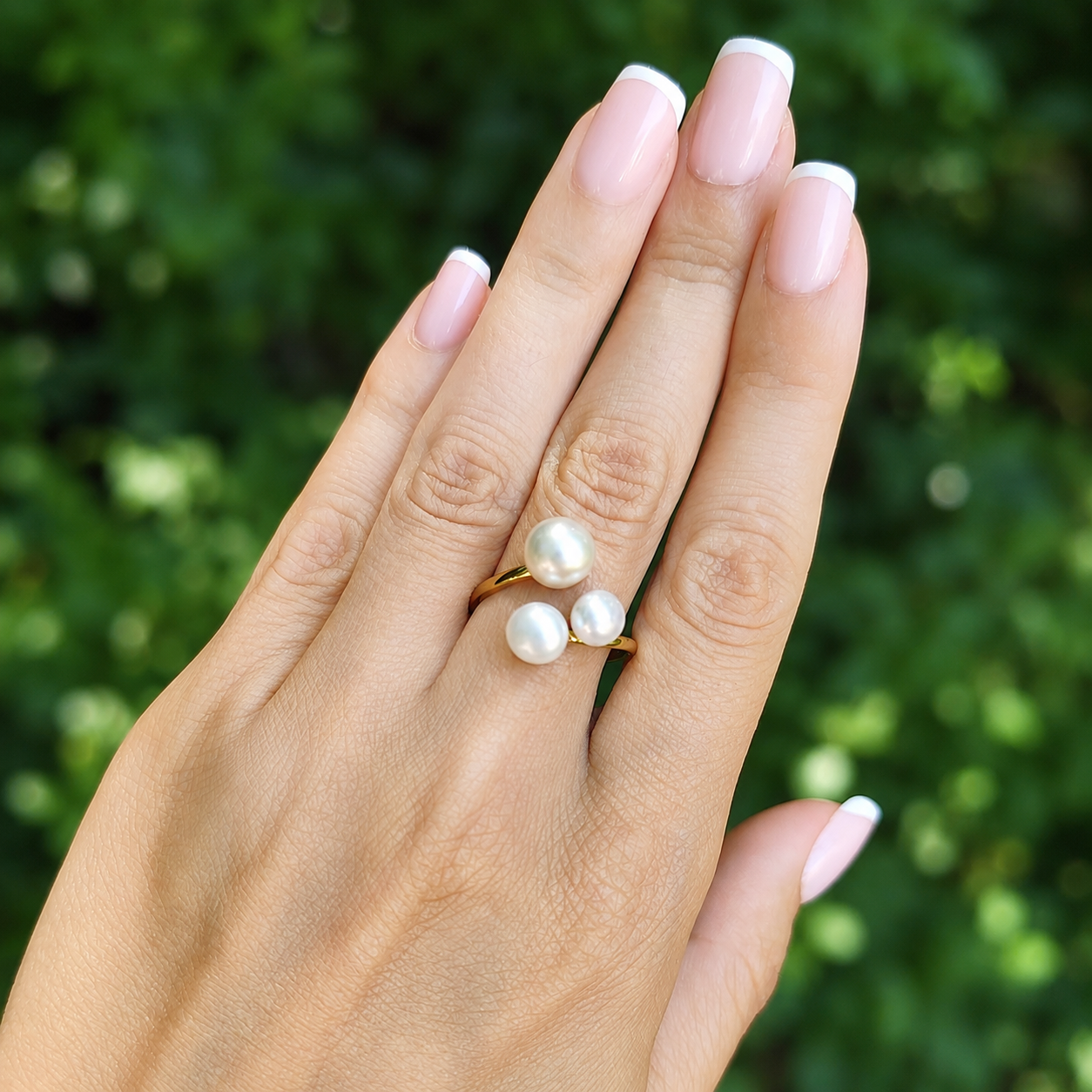 Inel TRIO PEARL ajustabil, placat cu aur de 18K