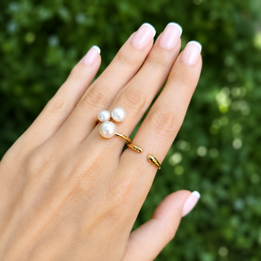Inel TRIO PEARL ajustabil, placat cu aur de 18K