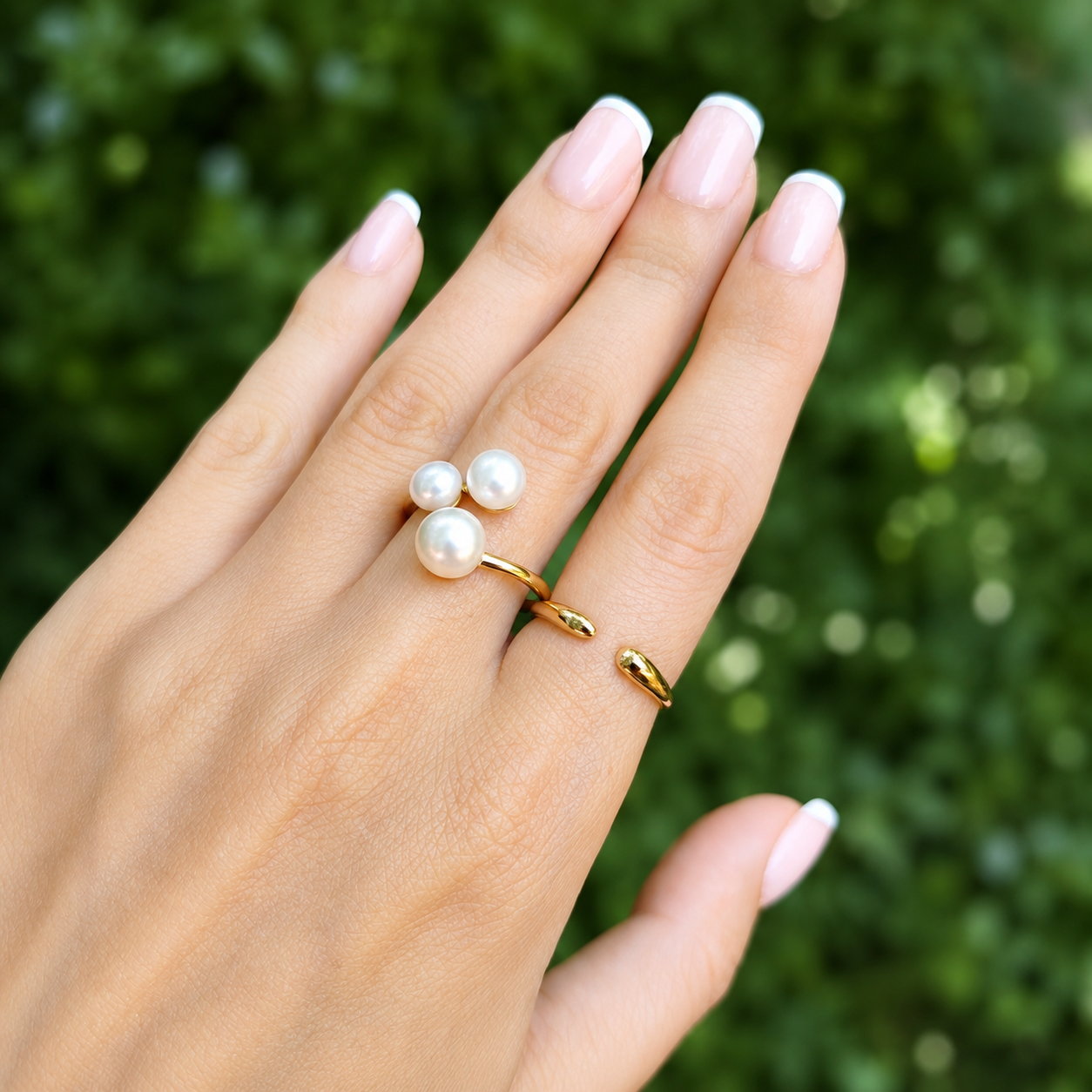 Inel TRIO PEARL ajustabil, placat cu aur de 18K