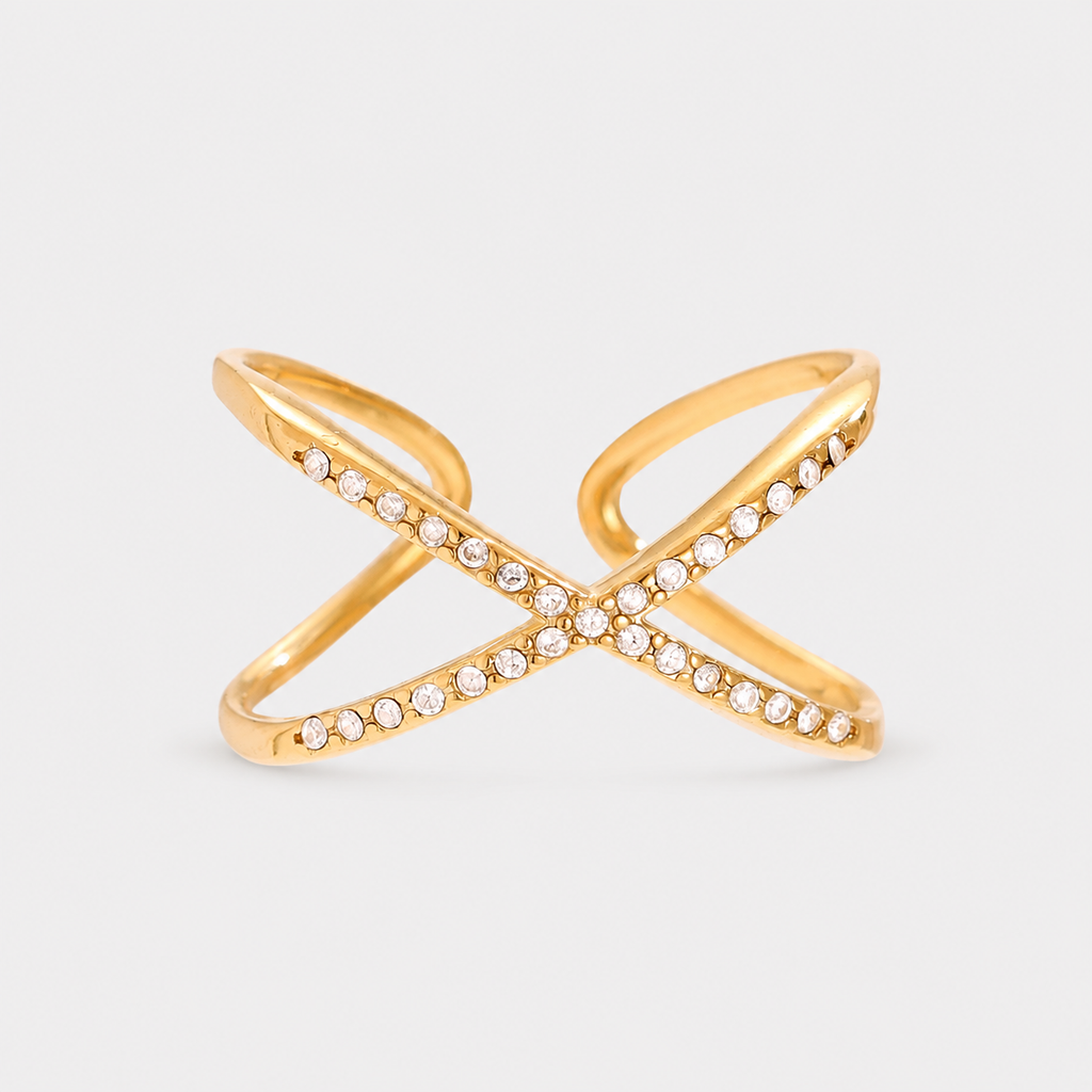 Inel ZIRCONIA CROSS ajustabil, placat cu aur de 18K