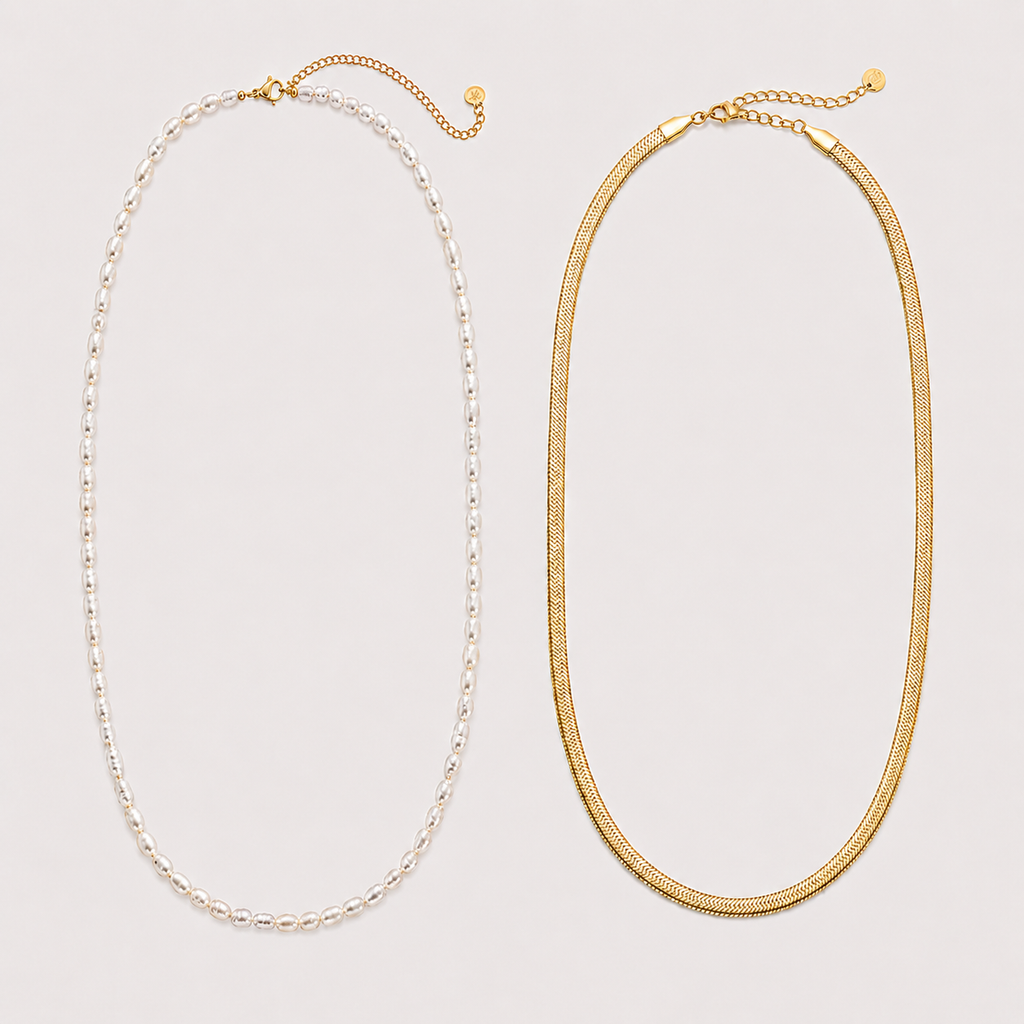 Set PEARLS & HERRINGBONE – 2 coliere placate cu aur de 18K