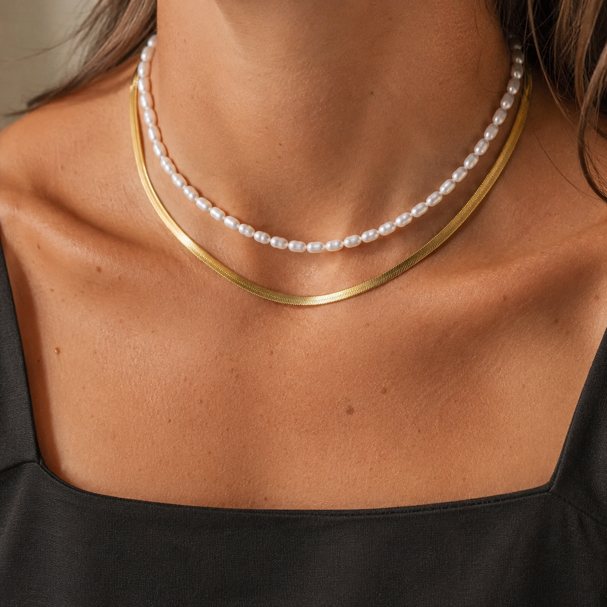 Set PEARLS & HERRINGBONE – 2 coliere placate cu aur de 18K